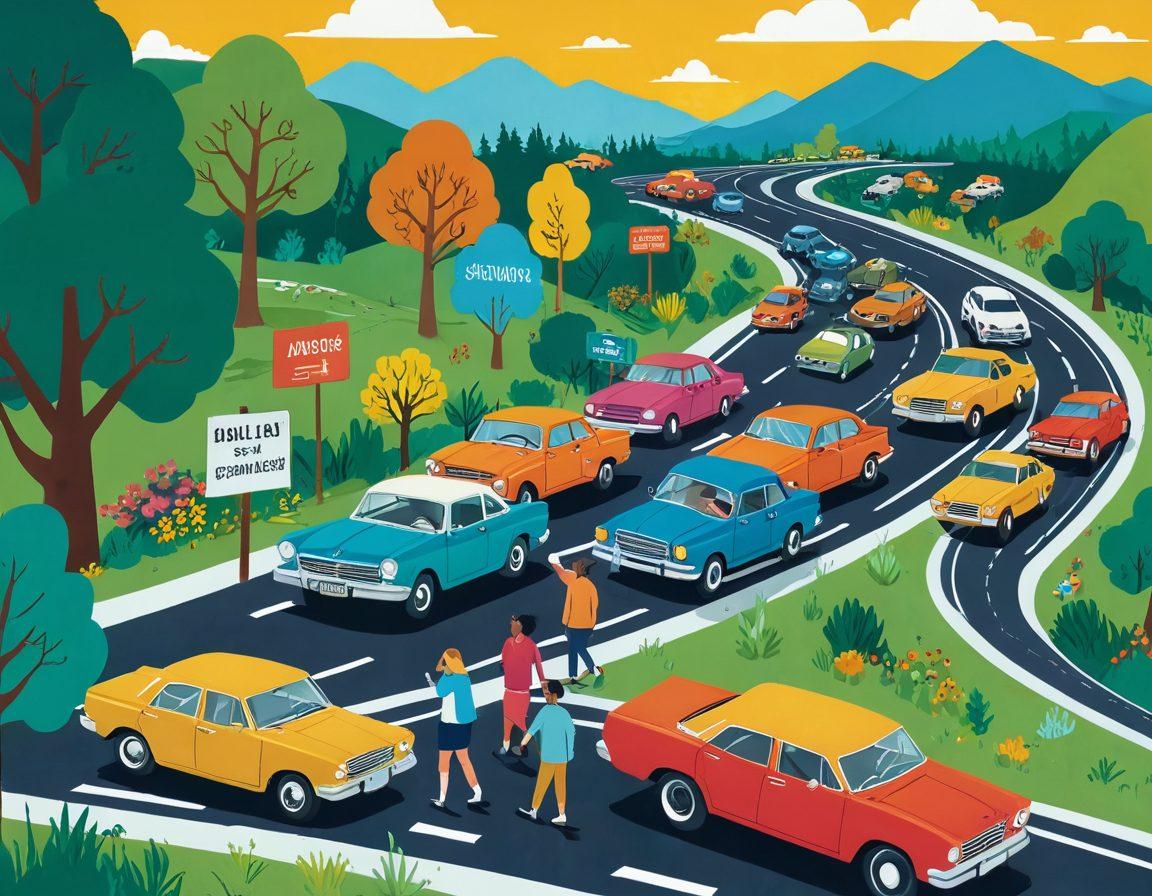 A scenic road leading through a vibrant landscape with billboards displaying 'Affordable Insurance' slogans. In the foreground, a diverse group of people analyzing a roadmap, holding calculators, and looking excited about saving money. Bright sunlight illuminating the scene, symbolizing clarity and hope. Floating icons of cars and dollar signs in the air, representing automobile insurance and savings strategies. colorful illustration. vibrant colors. cheerful mood.