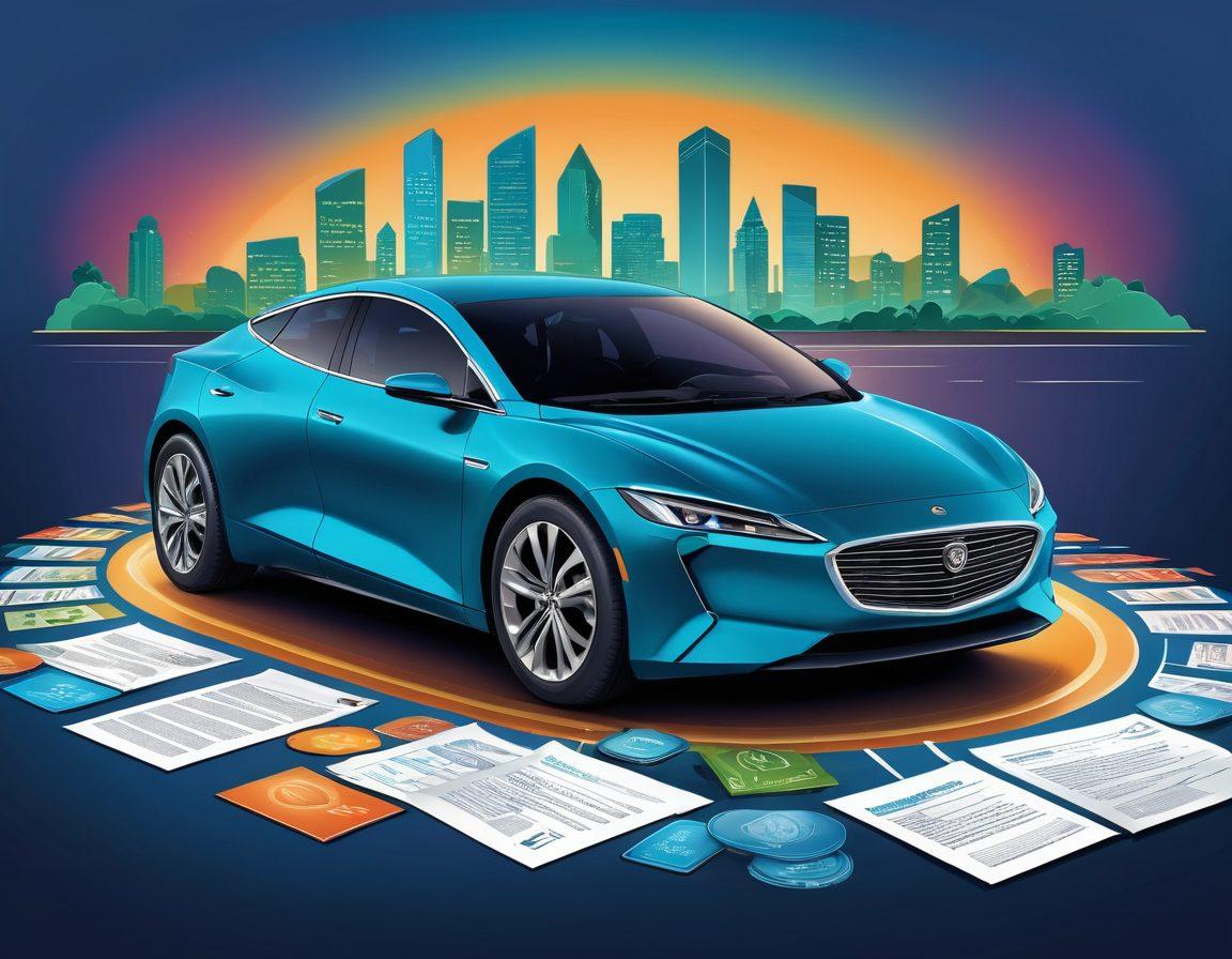 A detailed illustration of a car surrounded by various motor insurance symbols like shields, coins, and documents. The backdrop features a serene road, with a sunrise indicating new opportunities. Infographic elements showcasing 'maximum protection' and 'savings' prominently displayed. Incorporate a color palette of blue and green to signify trust and safety. vector art. vibrant colors.